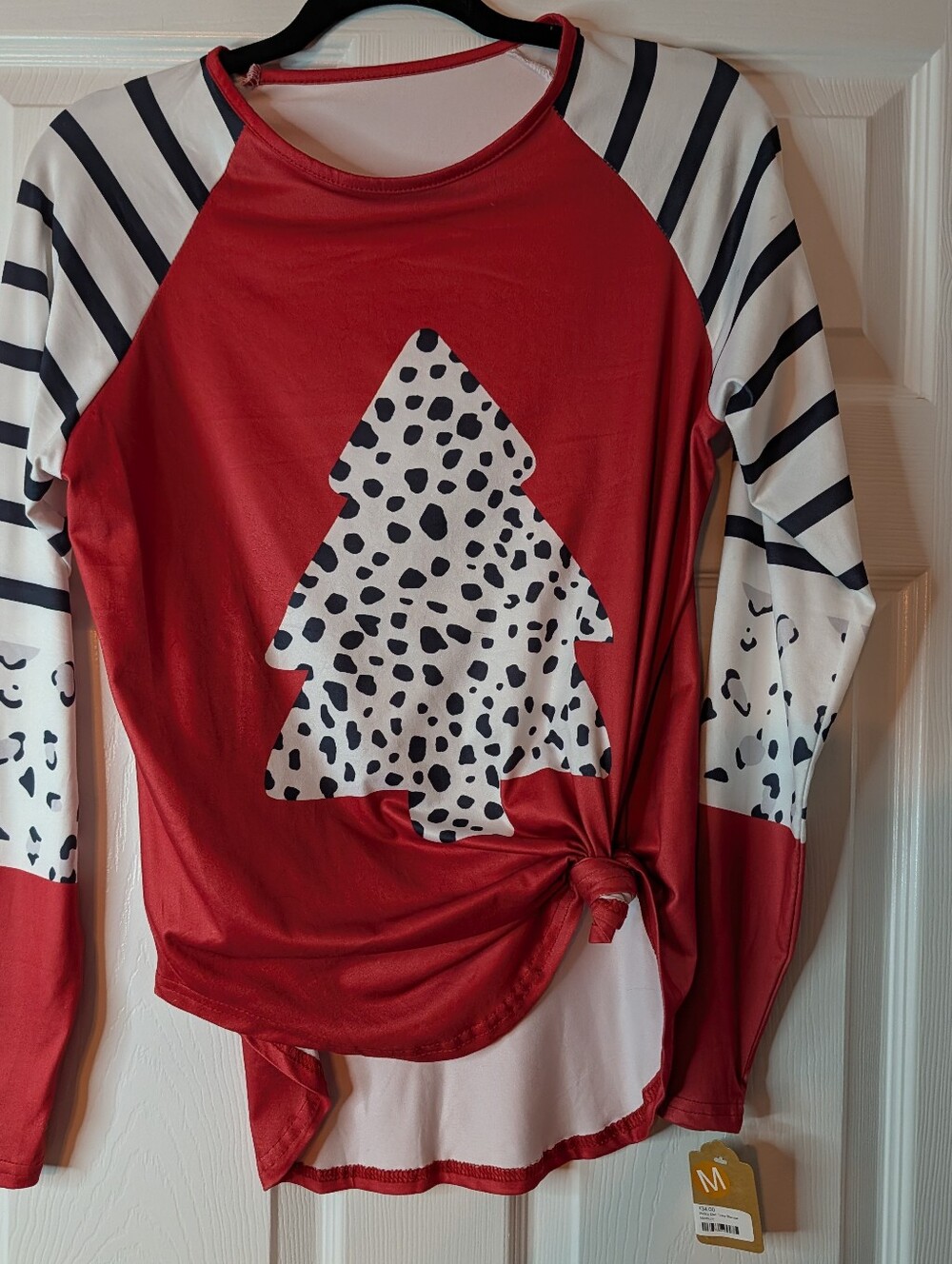 NWT Polka Dot Tree Christmas Top Women’s Medium Red Leopard Striped Long Sleeve